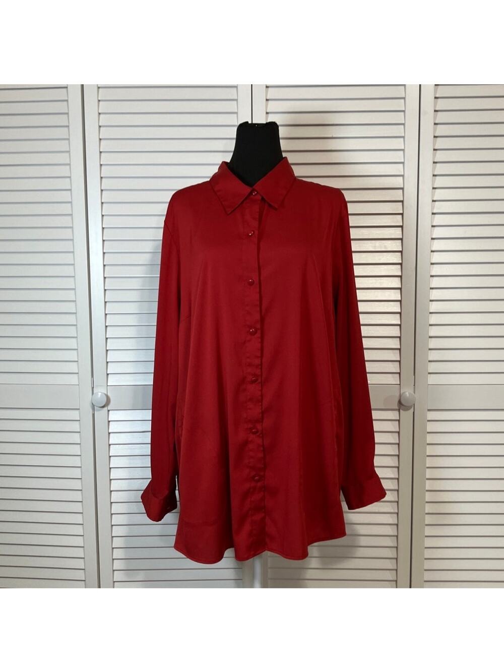 Joan Rivers Classic Collared Crimson Red Silky Flowy Tunic Boyfriend Shirt XL